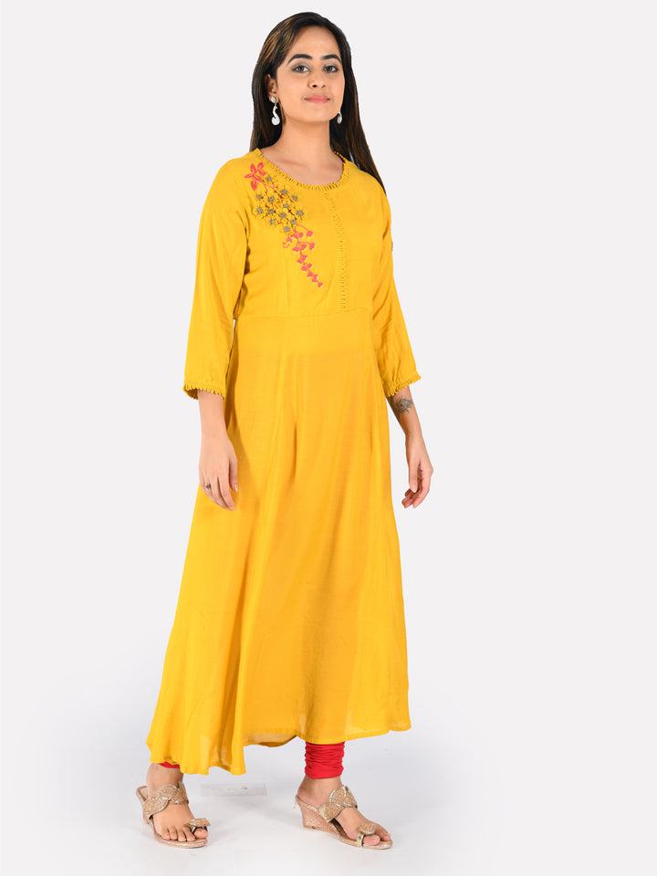 Neerus Yellow Embroidered Fit & Flare Kurta
