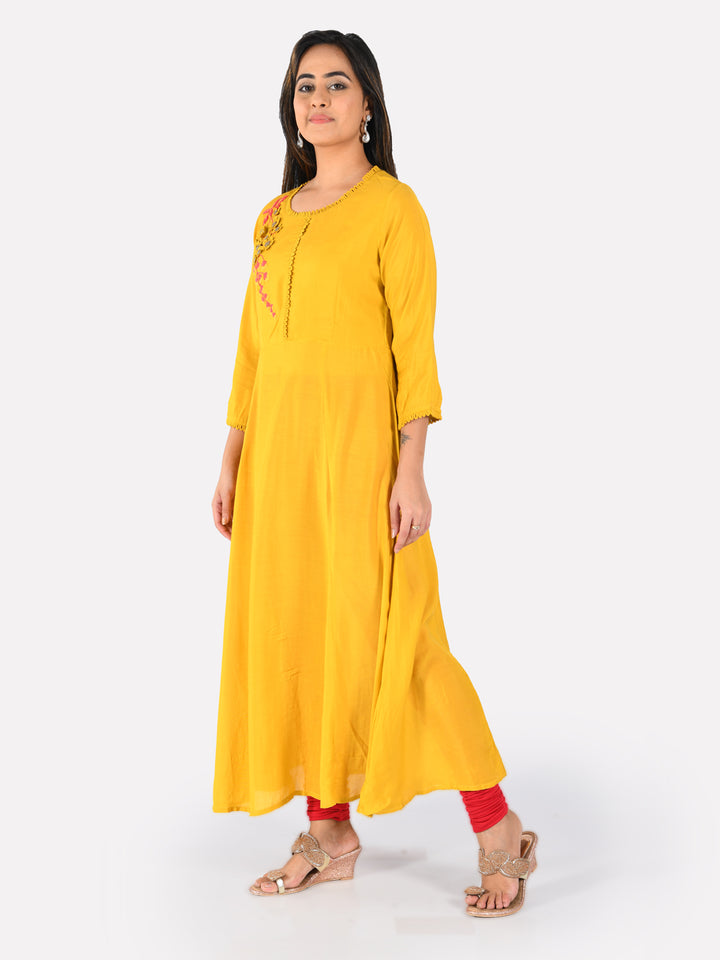 Neerus Yellow Embroidered Fit & Flare Kurta