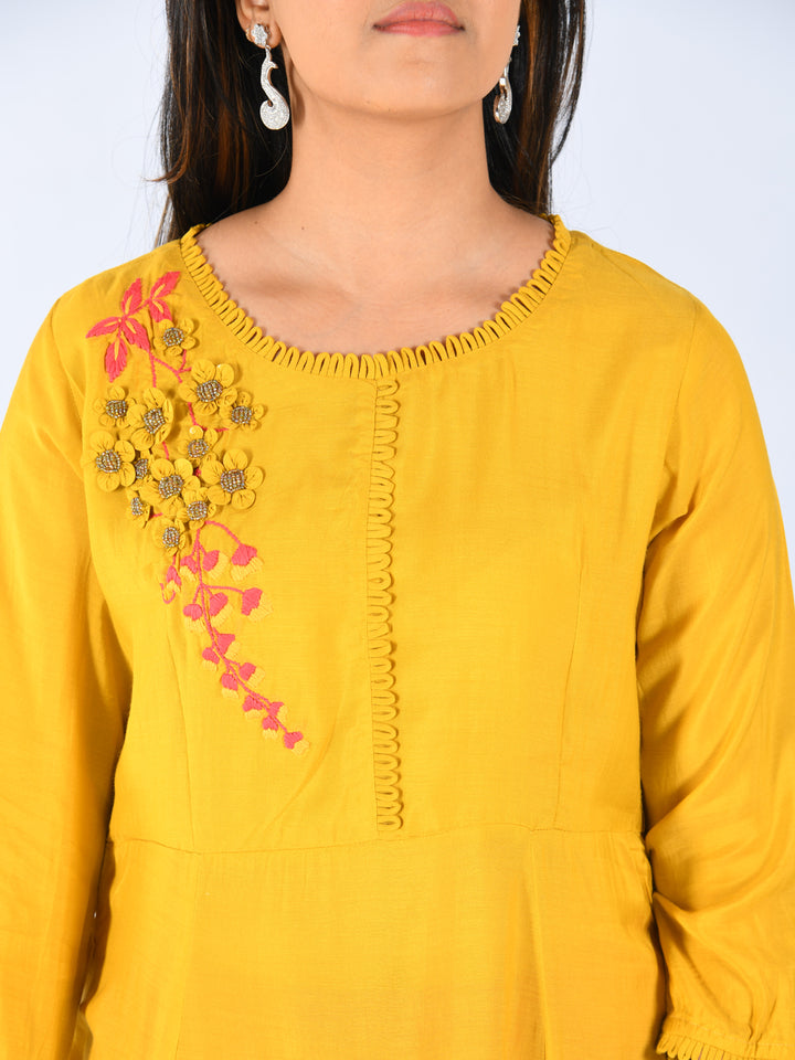 Neerus Yellow Embroidered Fit & Flare Kurta