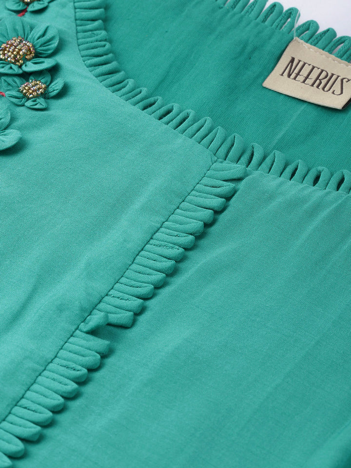 Neerus Green Embellished A Line Kurta