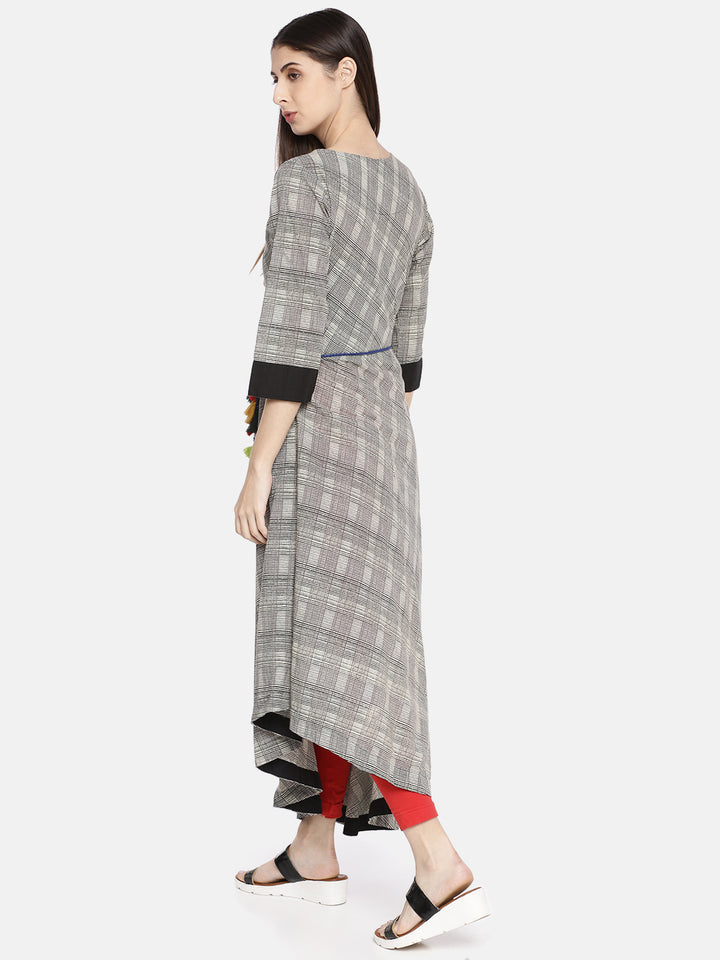 Neerus Black & Grey Embroidered High Low Kurta