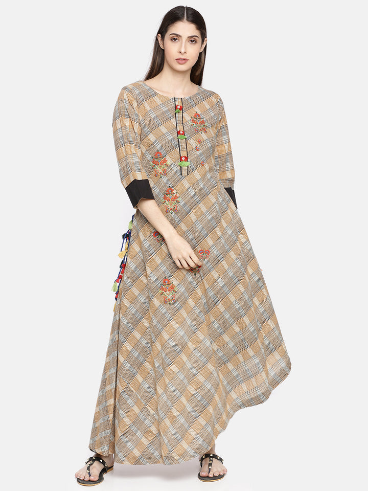 Neerus Brown cotton embroidered high-low kurta - front view
