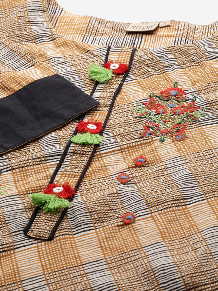 Neerus Brown cotton embroidered high-low kurta - back view