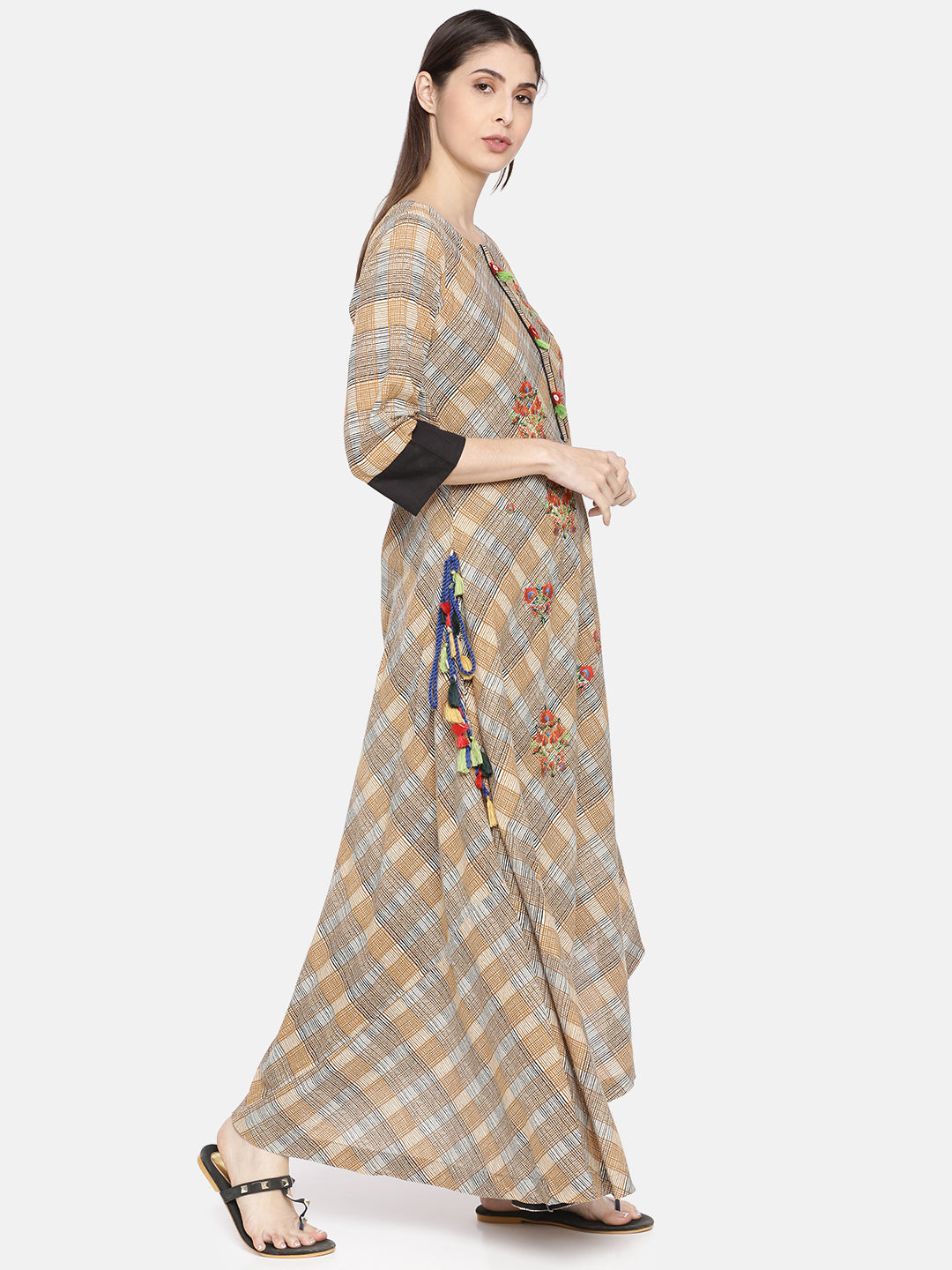 Neeru's Brown Embroidered High Low Kurta