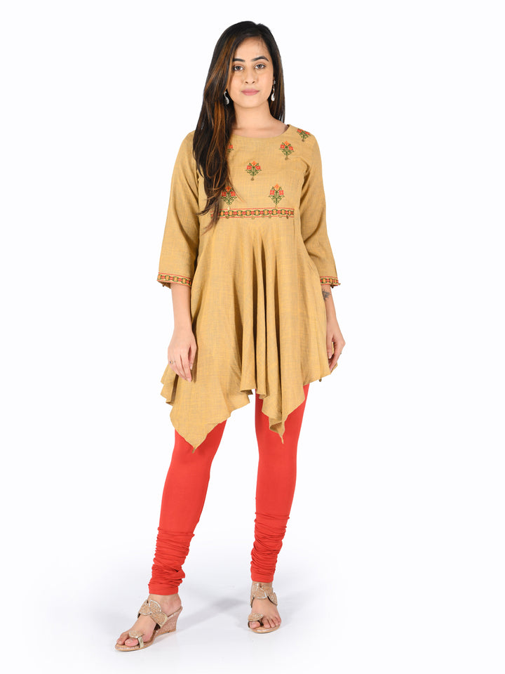Neerus Beige Embroidered High Low Kurta