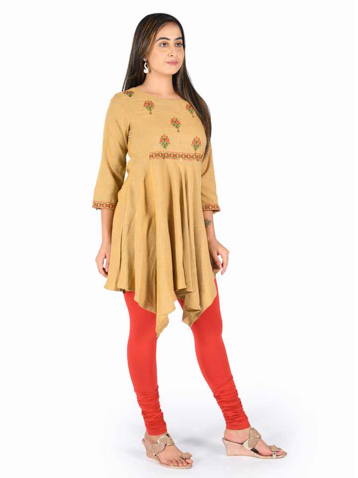 Neerus Beige Embroidered High Low Kurta