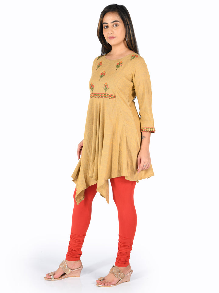 Neerus Beige Embroidered High Low Kurta
