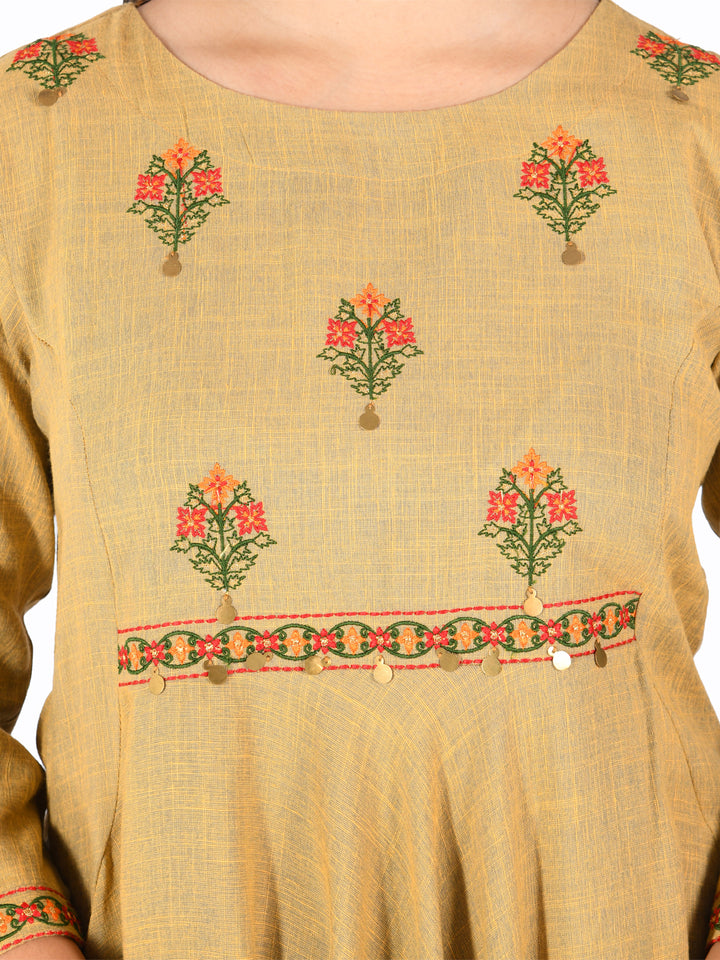 Neerus Beige Embroidered High Low Kurta