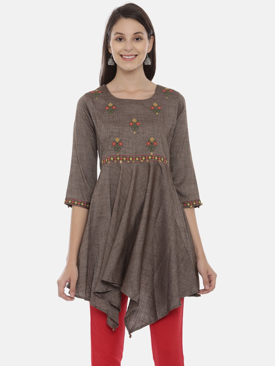 Neerus Grey Embroidered High Low Kurta