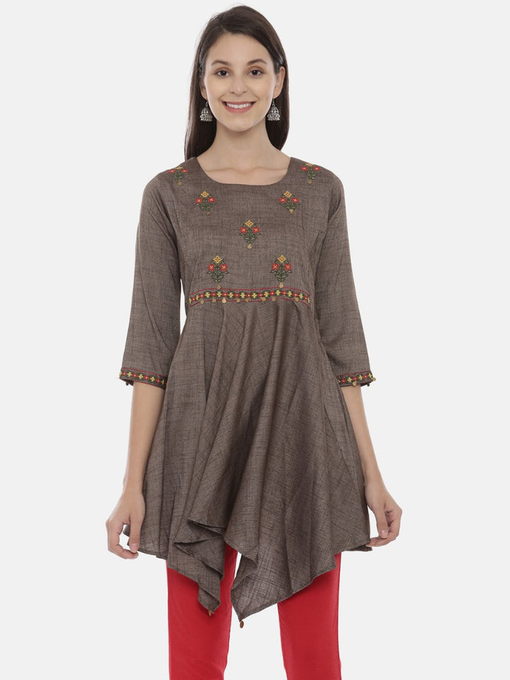 Neerus Grey Embroidered High Low Kurta