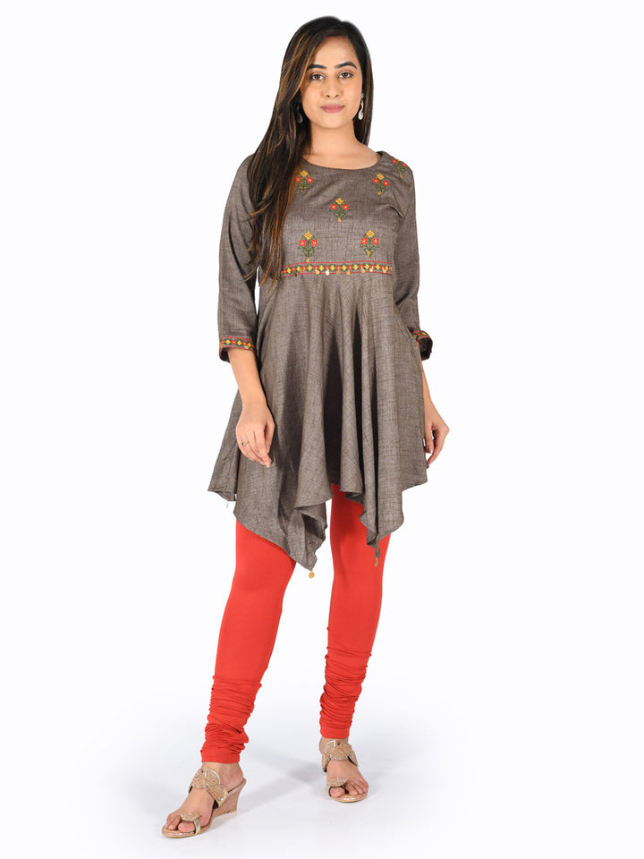 Neerus Grey Embroidered High Low Kurta