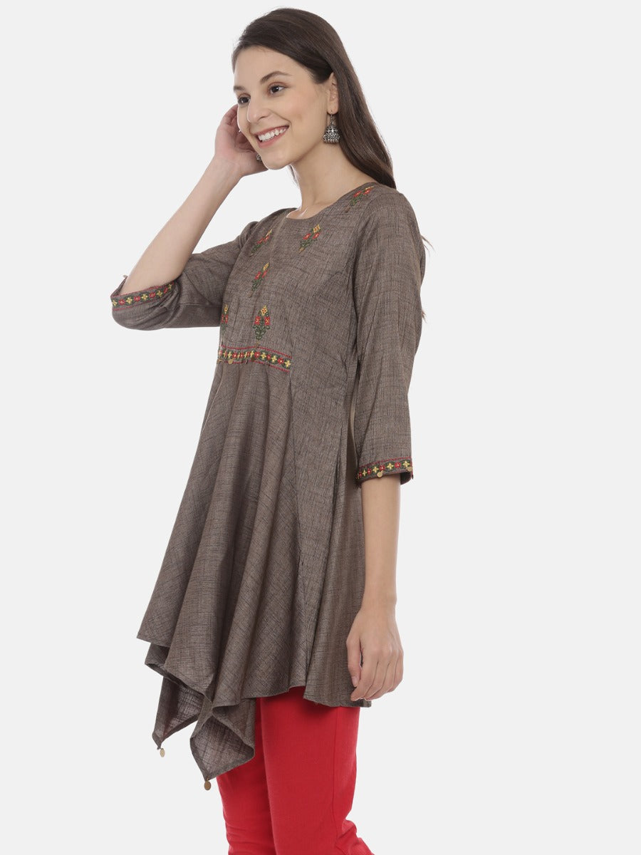 Neerus Grey Embroidered High Low Kurta