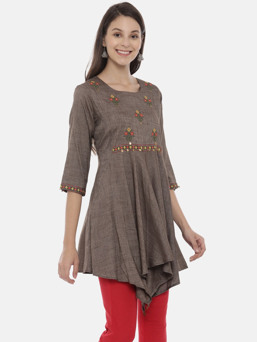 Neerus Grey Embroidered High Low Kurta