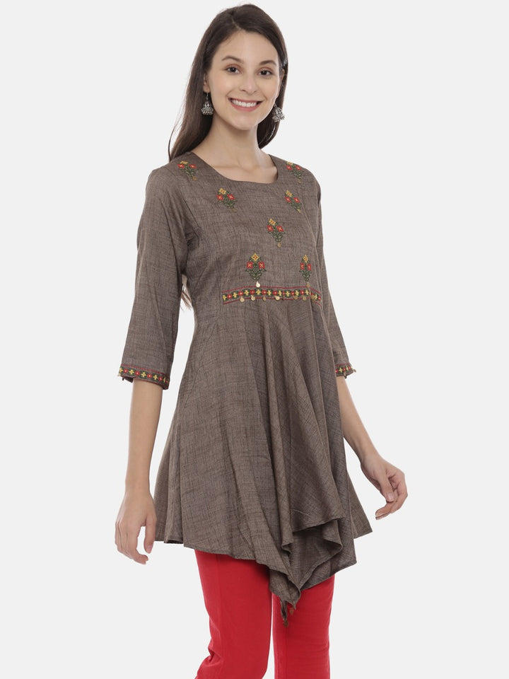 Neerus Grey Embroidered High Low Kurta