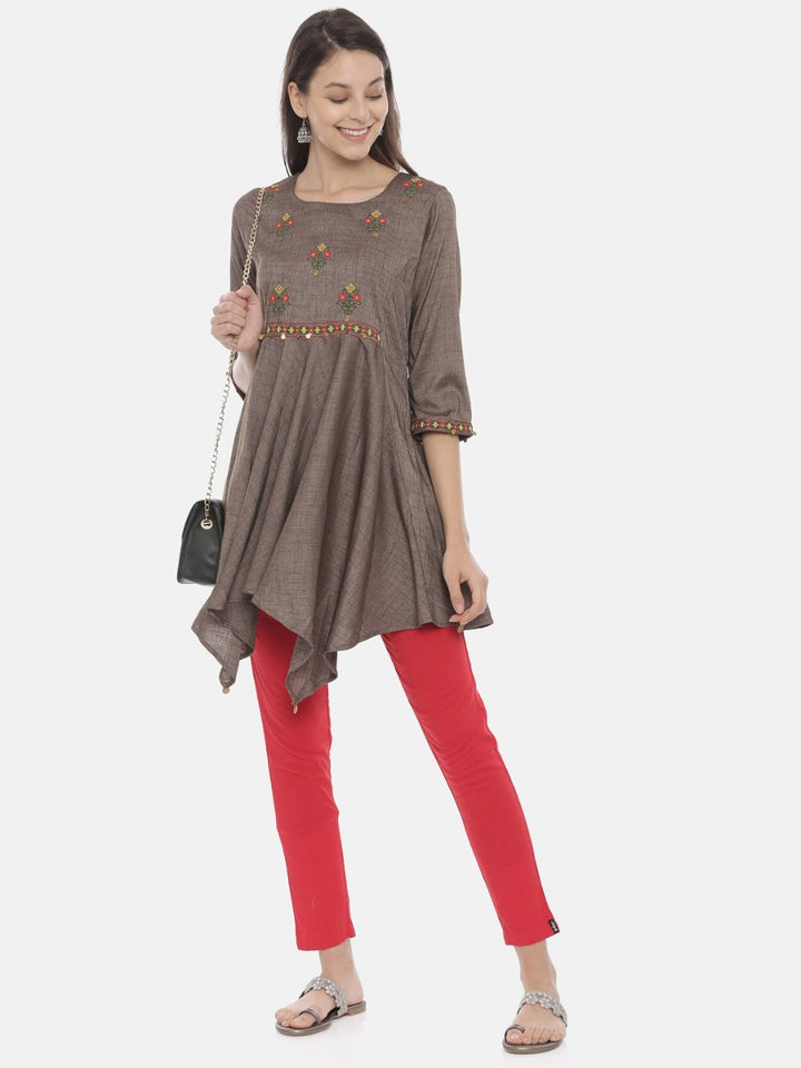 Neerus Grey Embroidered High Low Kurta