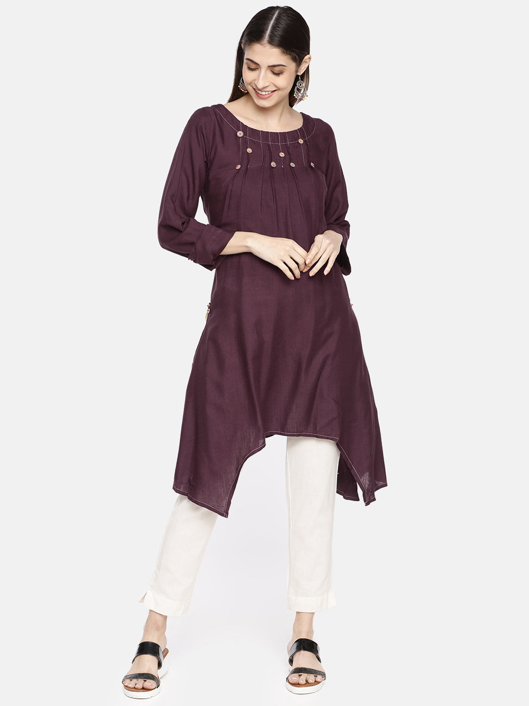 Neerus Purple rayon high-low kurti - front view
