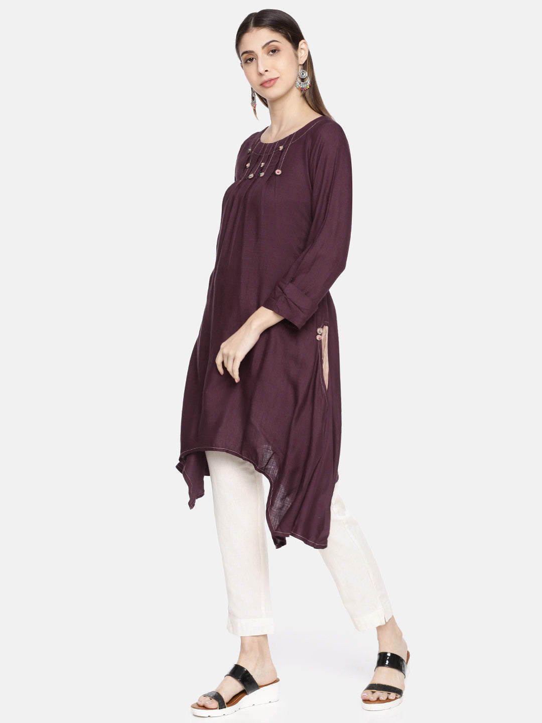 Neerus Purple rayon high-low kurti - side view