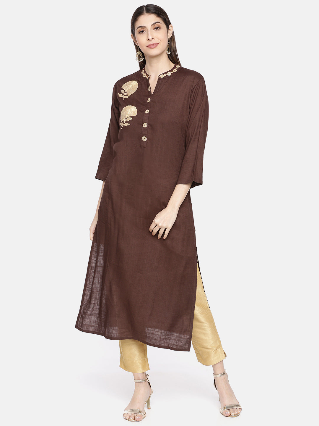 Neerus Women Coffee Brown Solid Straight Kurta With Embroidery Detailing
