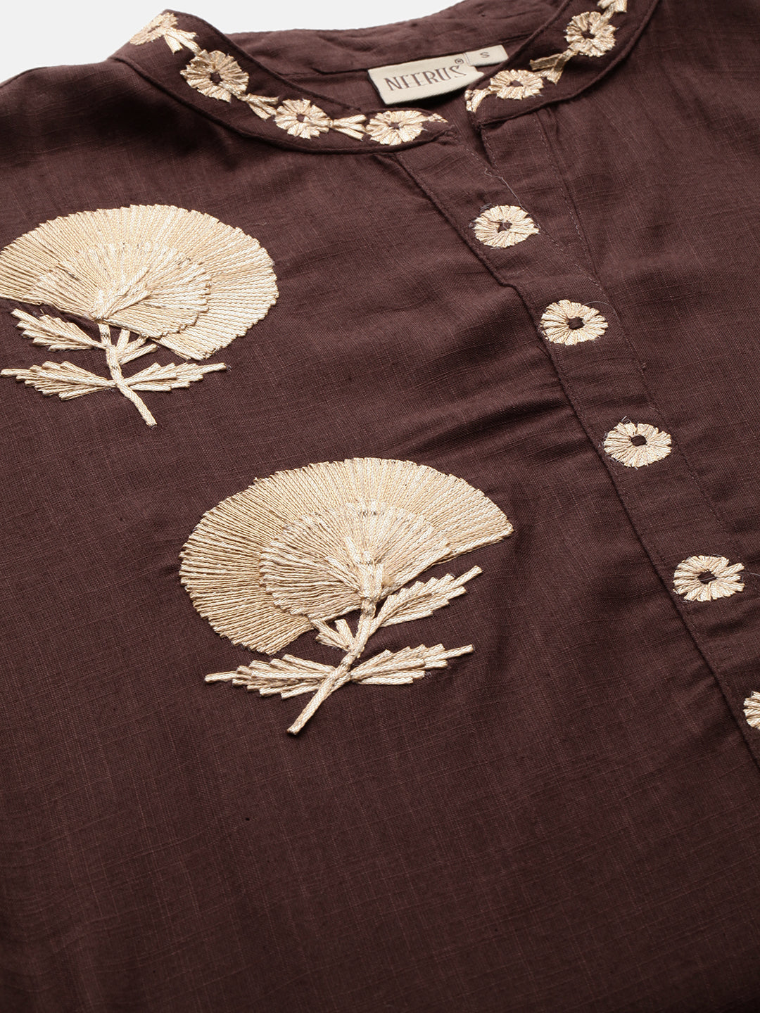 Neerus Women Coffee Brown Solid Straight Kurta With Embroidery Detailing