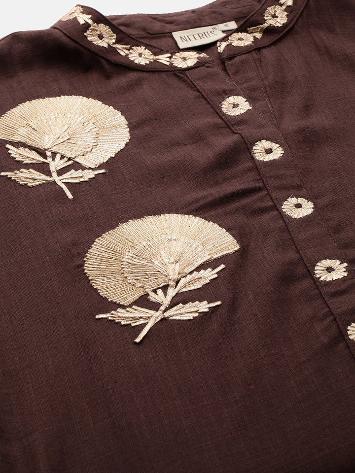 Neerus Women Coffee Brown Solid Straight Kurta With Embroidery Detailing