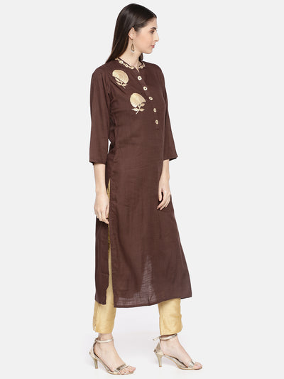 Neerus Women Coffee Brown Solid Straight Kurta With Embroidery Detailing