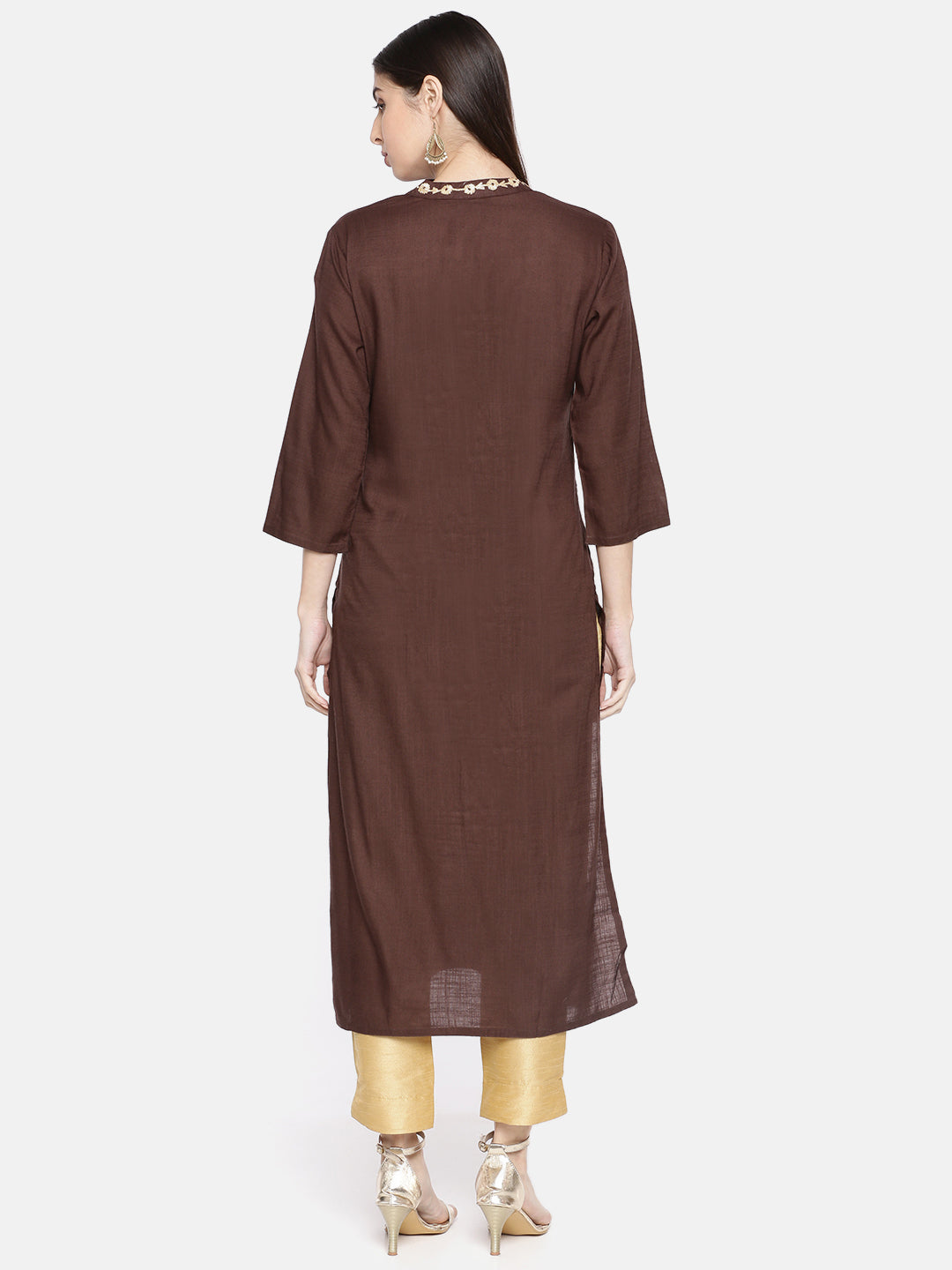 Neerus Women Coffee Brown Solid Straight Kurta With Embroidery Detailing