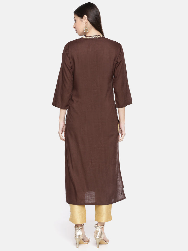 Neerus Women Coffee Brown Solid Straight Kurta With Embroidery Detailing