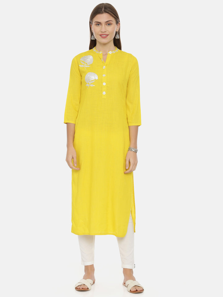 Neerus Yellow Embellished Straight Kurta