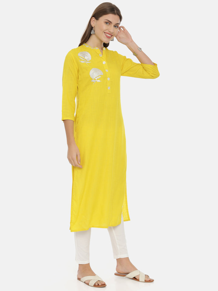 Neerus Yellow Embellished Straight Kurta