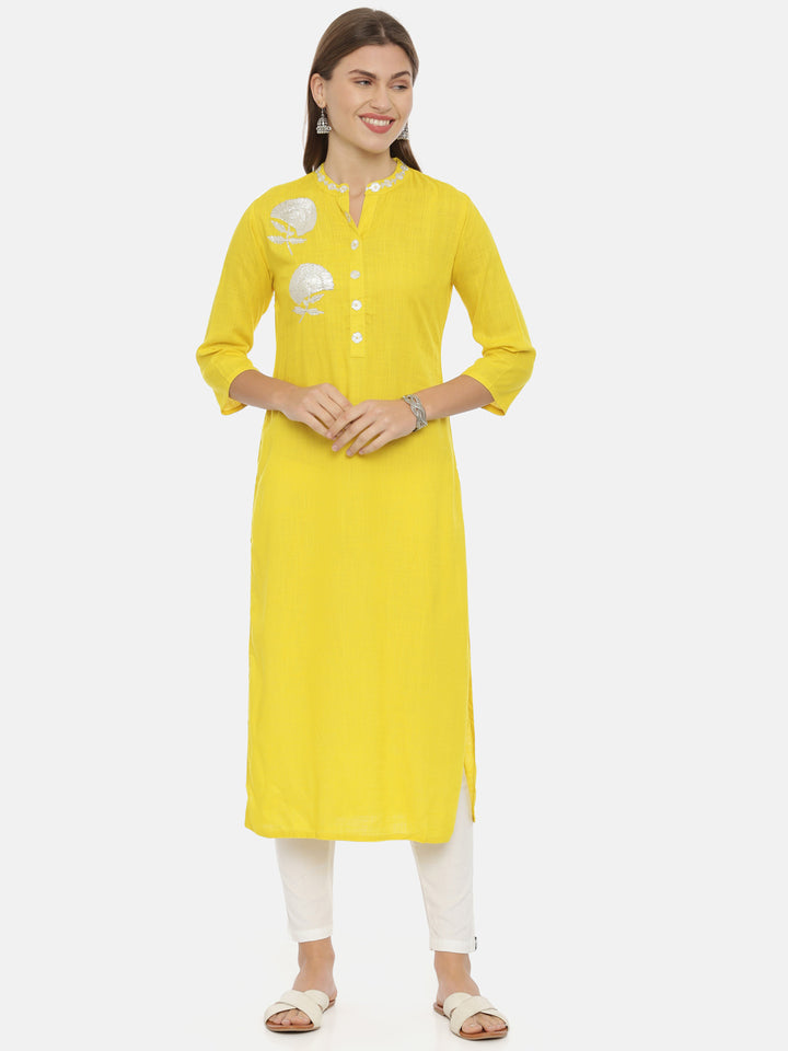 Neerus Yellow Embellished Straight Kurta