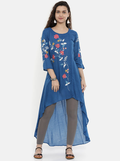 Neerus Women Blue Floral Embroidered A-Line Kurta