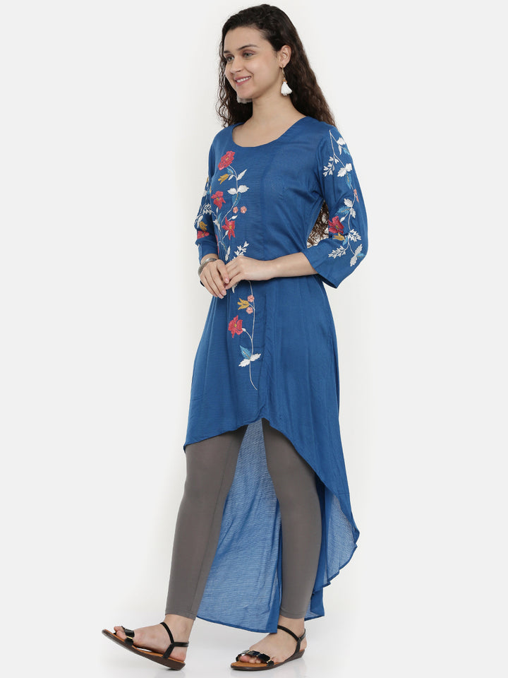 Neerus Women Blue Floral Embroidered A-Line Kurta