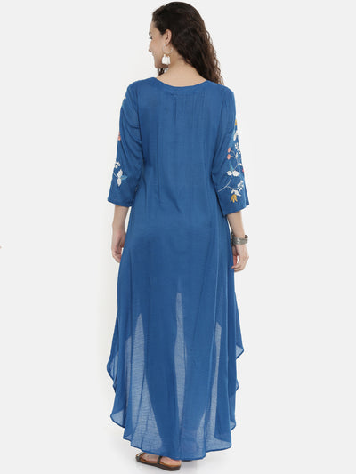 Neerus Women Blue Floral Embroidered A-Line Kurta