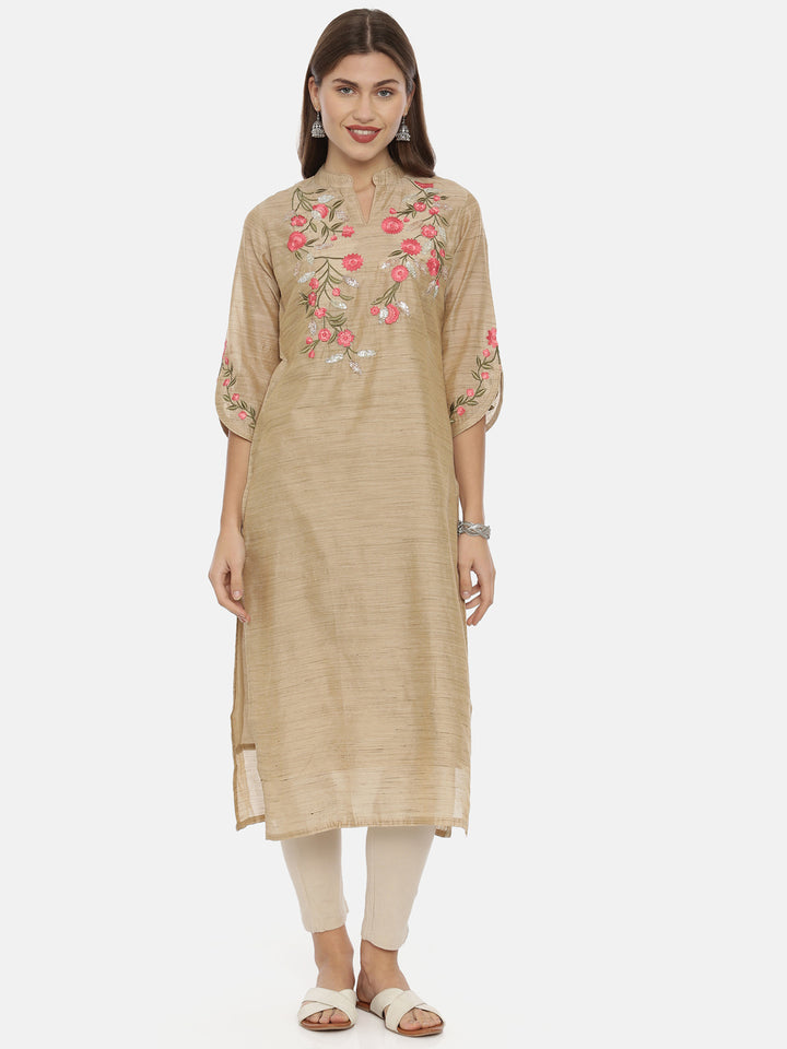 Neerus Beige Color Chanderi Fabric Tunic