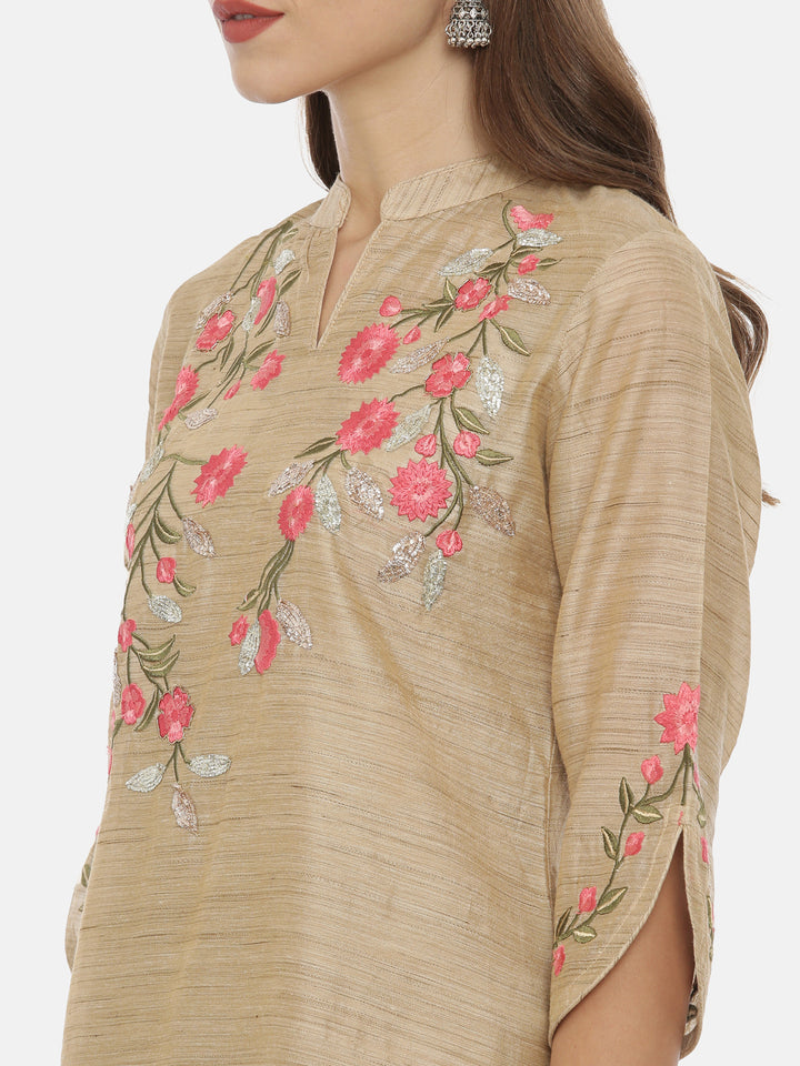 Neerus Beige Color Chanderi Fabric Tunic