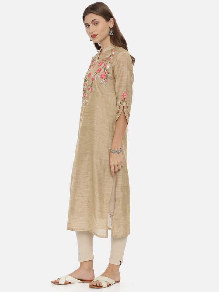 Neerus Beige Color Chanderi Fabric Tunic