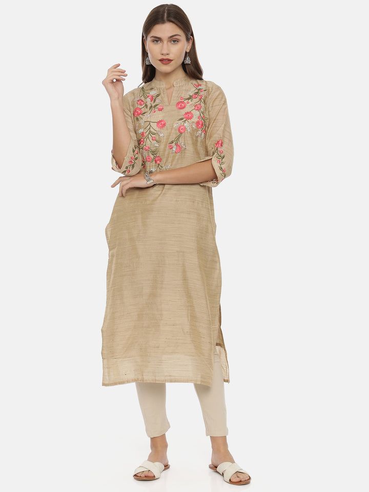 Neerus Beige Color Chanderi Fabric Tunic