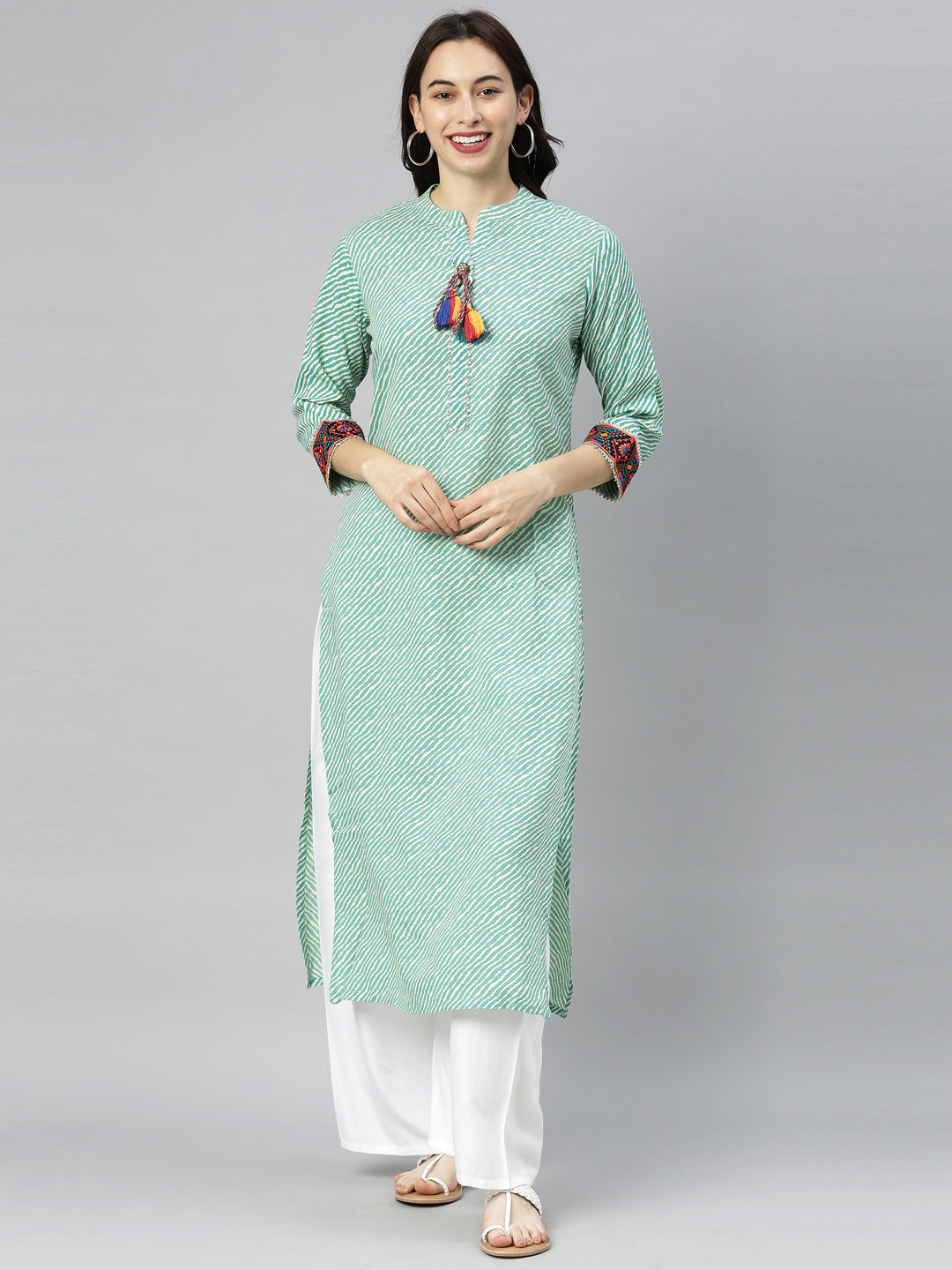 Neerus Green Striped Straight Kurta