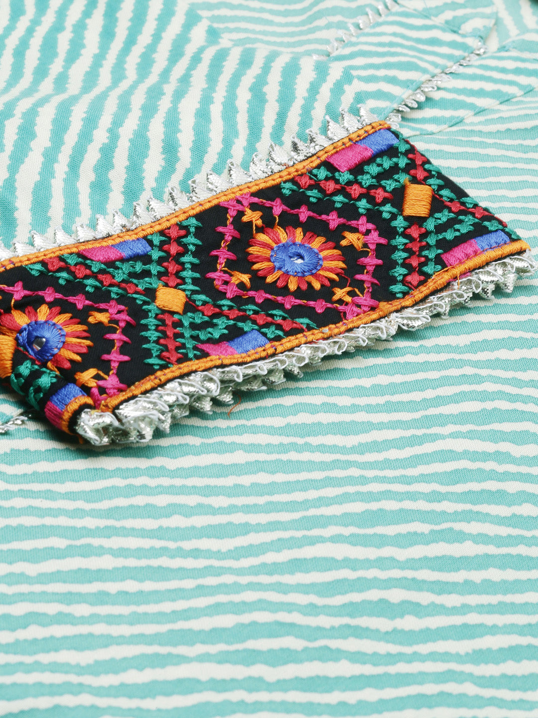 Neerus Green Striped Straight Kurta