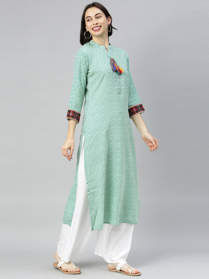 Neerus Green Striped Straight Kurta