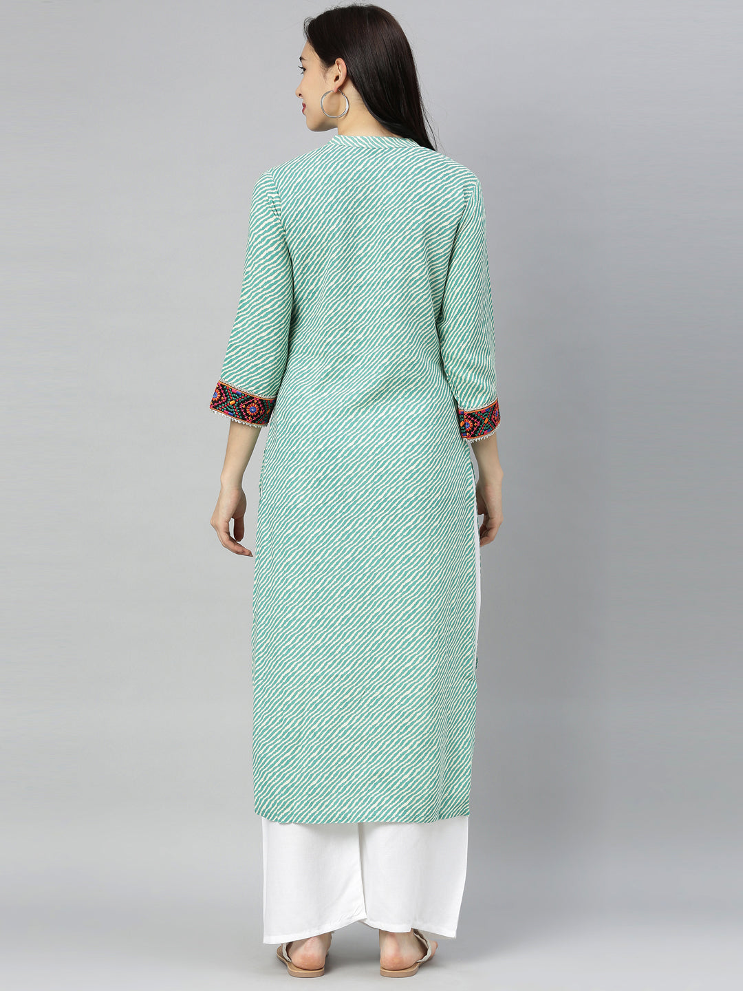 Neerus Green Striped Straight Kurta