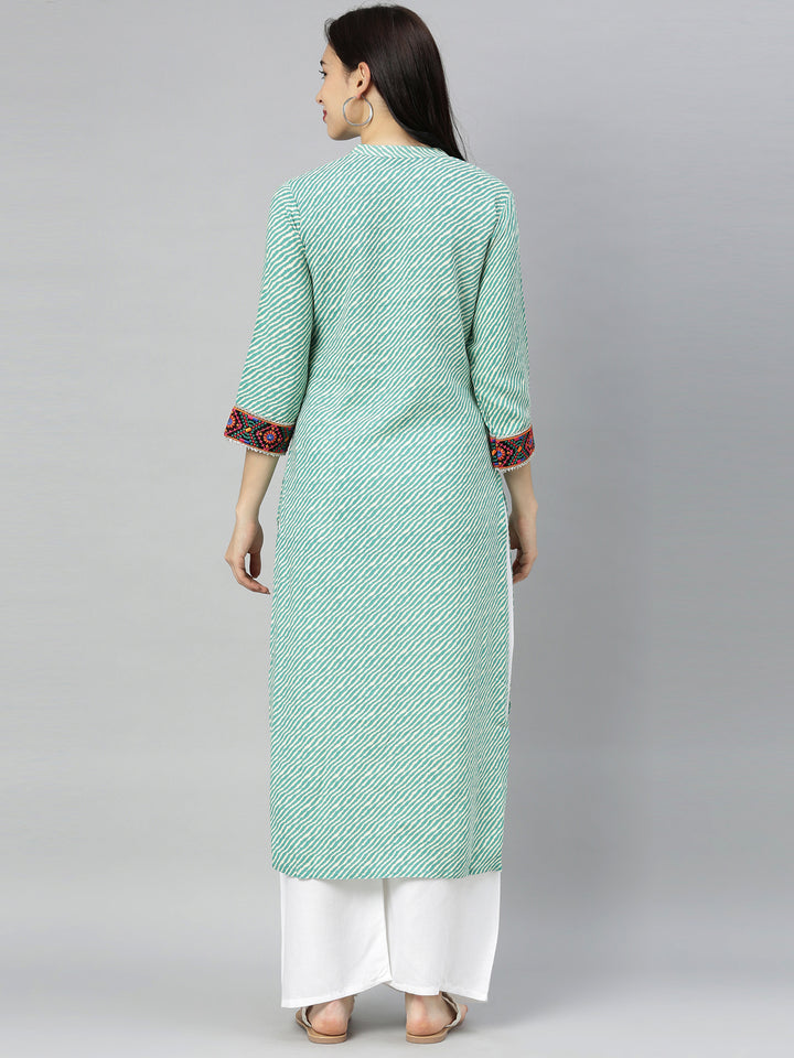 Neerus Green Striped Straight Kurta