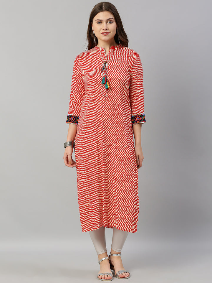 Neerus Red Striped Straight Kurta