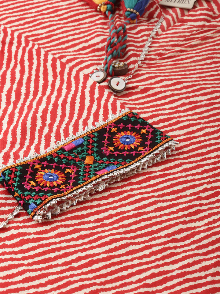 Neerus Red Striped Straight Kurta
