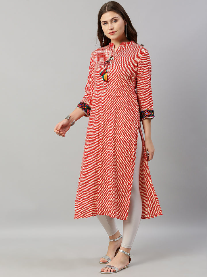 Neerus Red Striped Straight Kurta