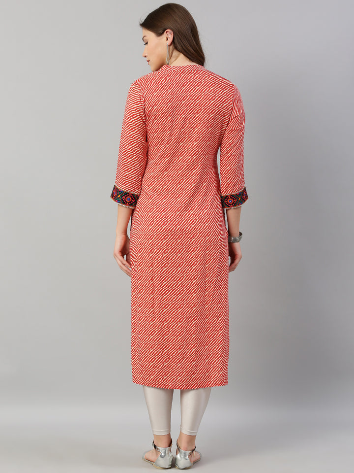 Neerus Red Striped Straight Kurta
