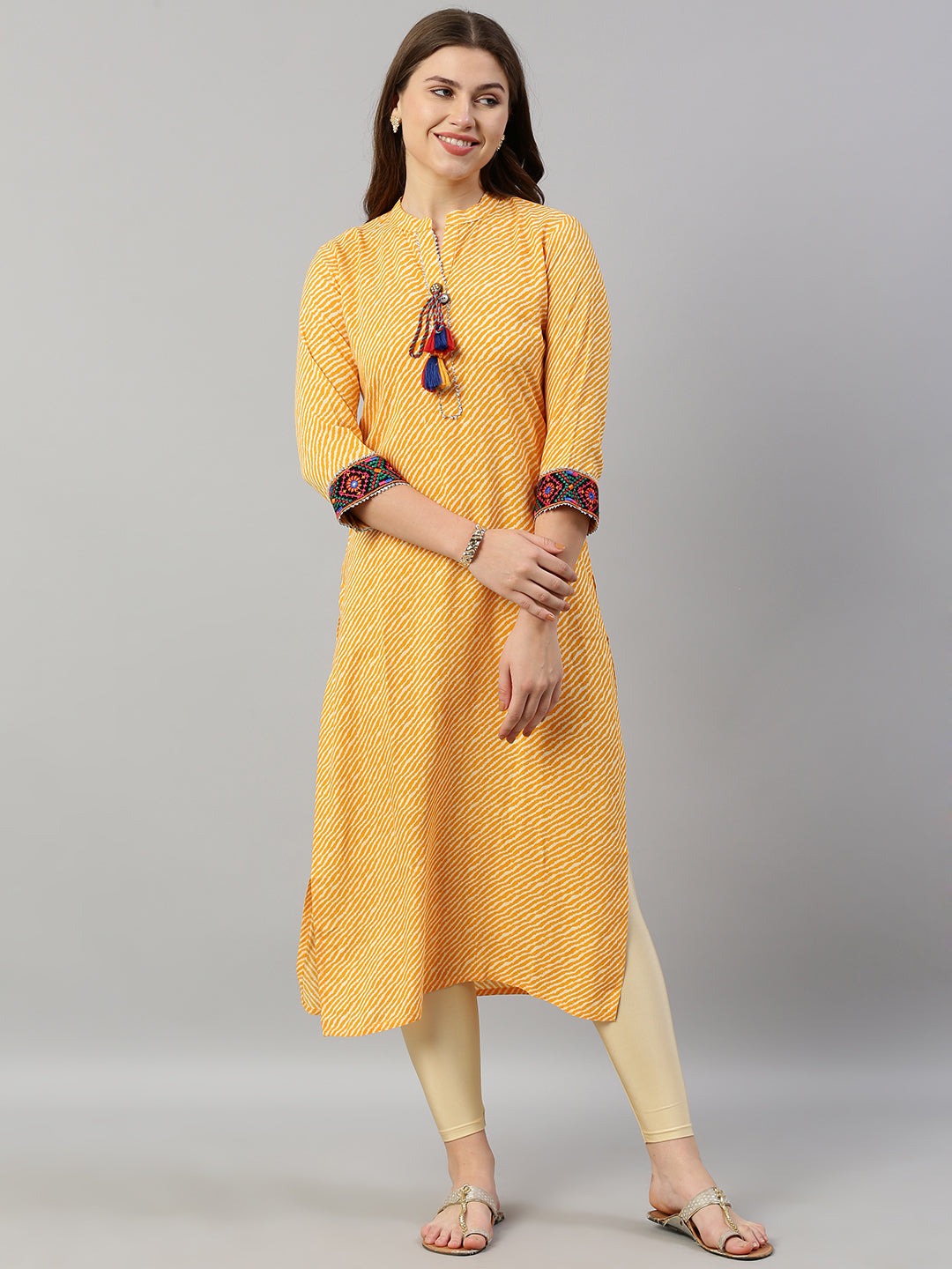Neeru's Yellow Striped Straight Kurta