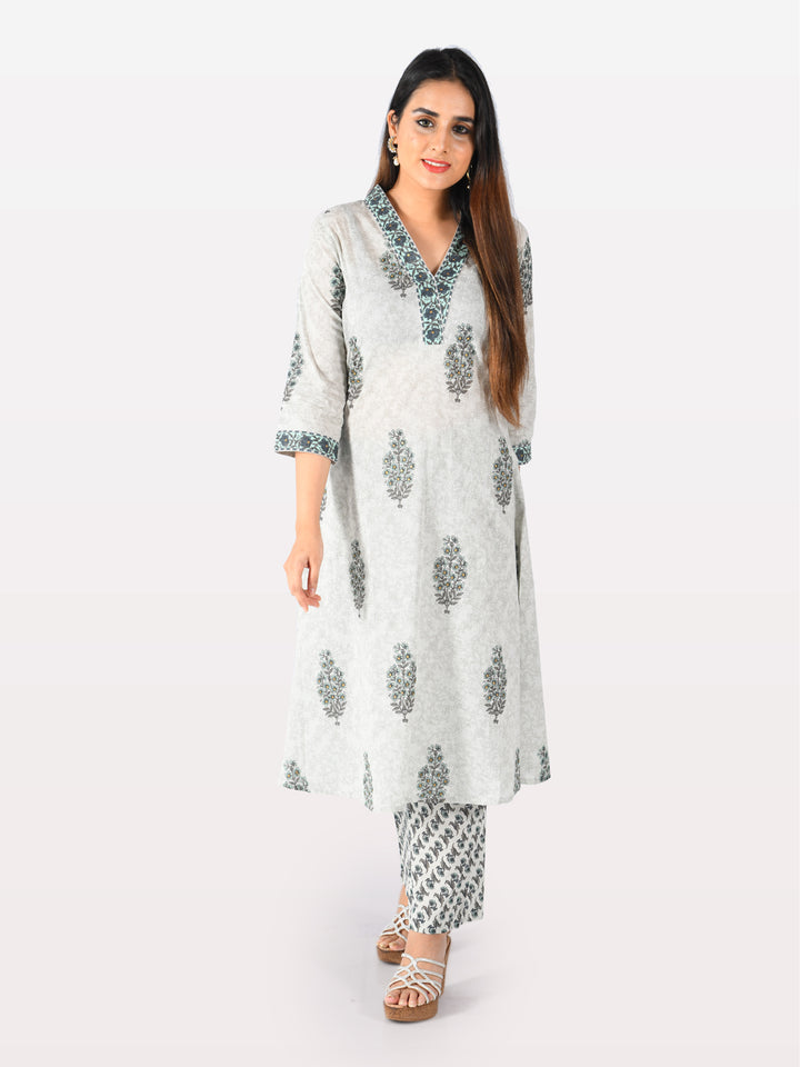 Neerus Grey cotton printed A-Line kurta - front view