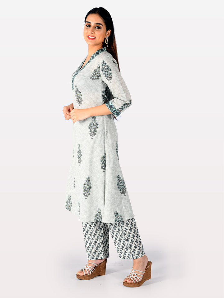 Neerus Grey cotton printed A-Line kurta - detail view 1