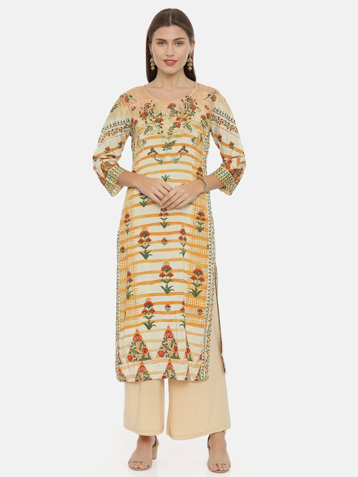 Neerus Orange cotton printed straight kurta - front view
